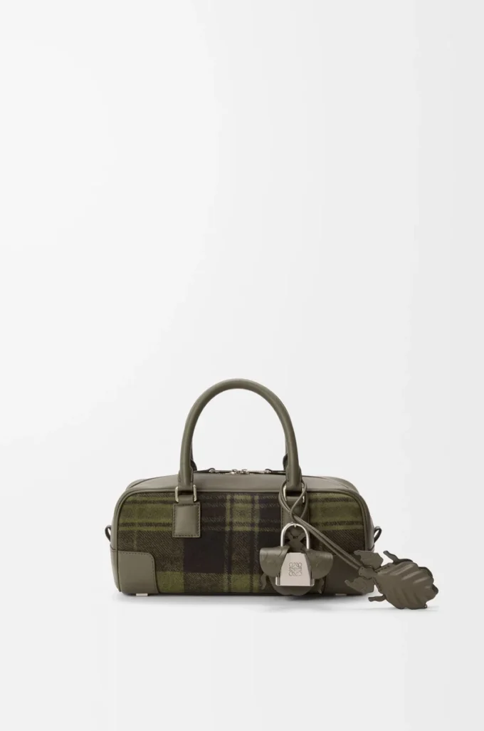Amazona 23 kısa çanta, tartan süet ve nappa dana derisi, Haki/Yeşil