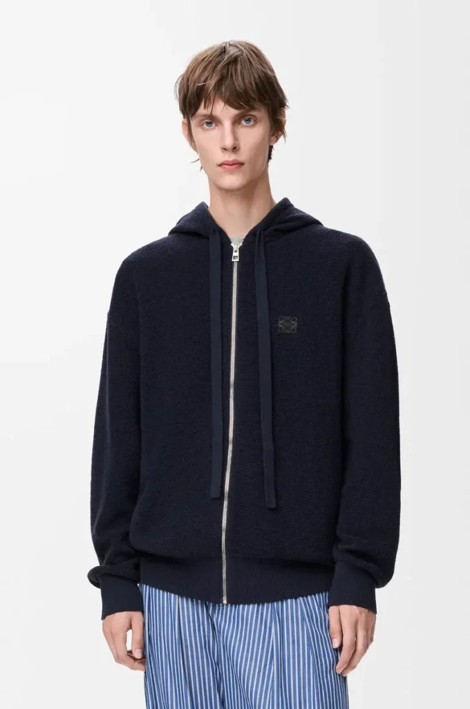 Anagram fermuarlı yün kapüşonlu sweatshirt Lacivert