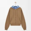 Bej/mavi pamuklu fermuarlı kapüşonlu sweatshirt