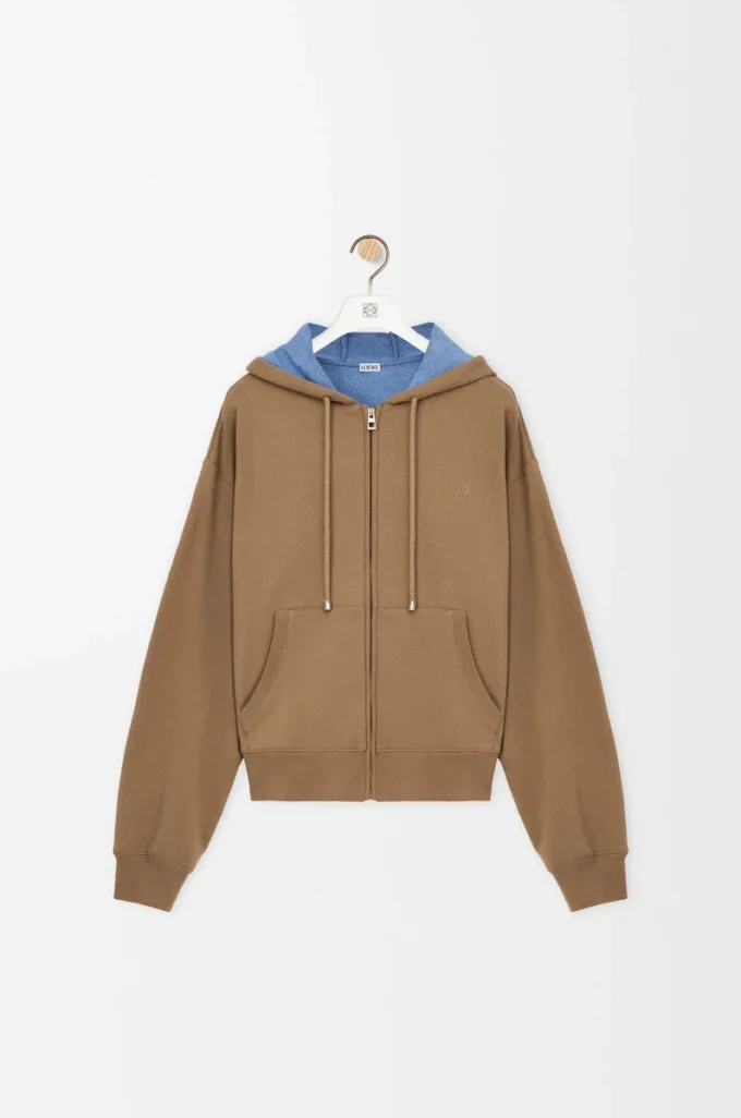 Bej/mavi pamuklu fermuarlı kapüşonlu sweatshirt