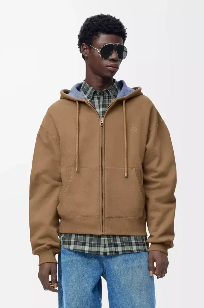 Bej/mavi pamuklu fermuarlı kapüşonlu sweatshirt