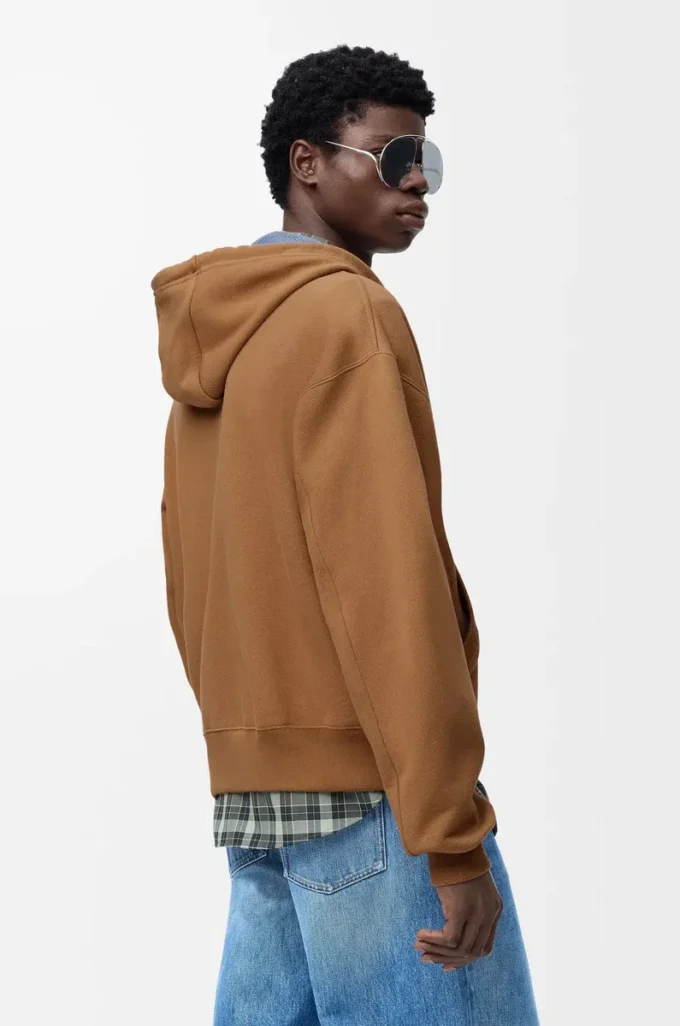 Bej/mavi pamuklu fermuarlı kapüşonlu sweatshirt