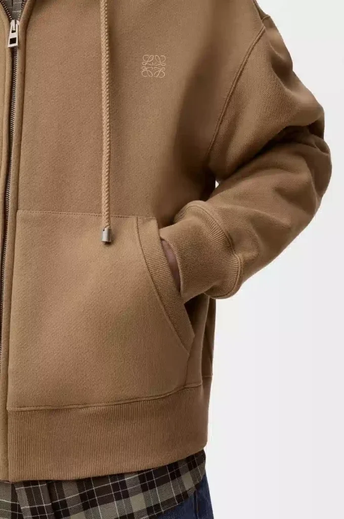 Bej/mavi pamuklu fermuarlı kapüşonlu sweatshirt