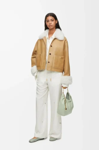 Beyaz/Altın renkli shearling ceket