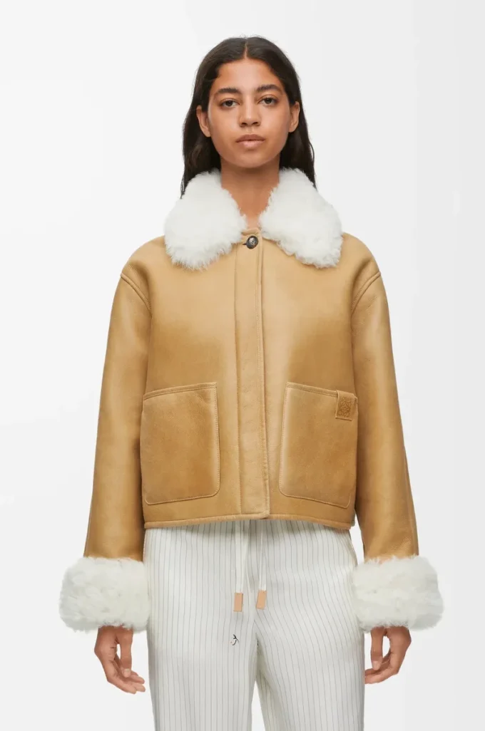 Beyaz/Altın renkli shearling ceket