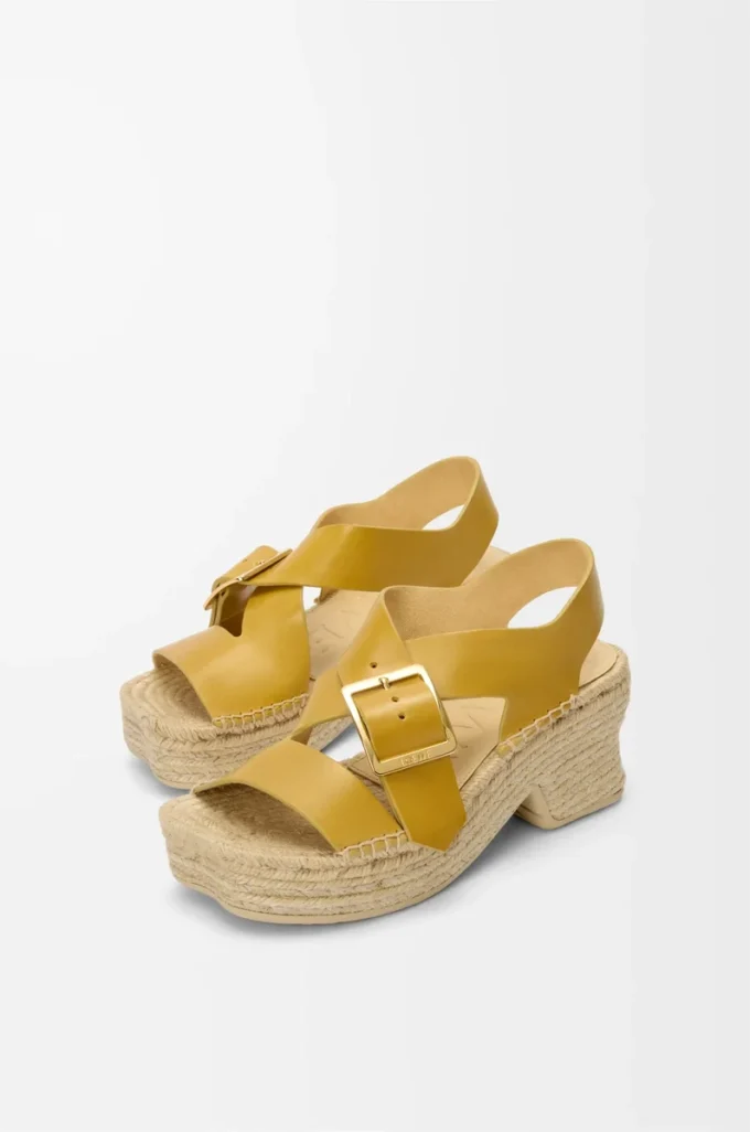 Bitkisel tabaklanmış dana derisinden yapılmış, petal espadrille platform sandalet, Ochre