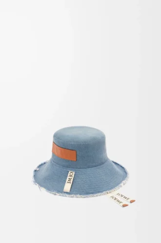 Denim ve dana derisinden yıpranmış balıkçı şapkası Mavi Denim