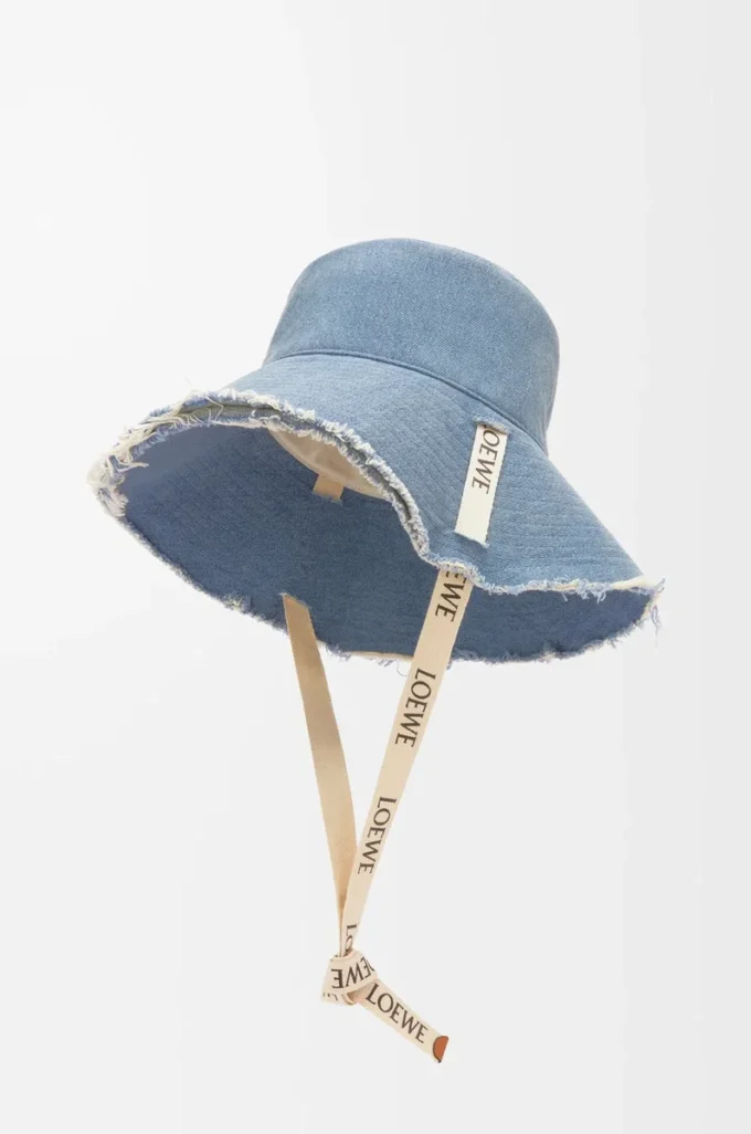 Denim ve dana derisinden yıpranmış balıkçı şapkası Mavi Denim