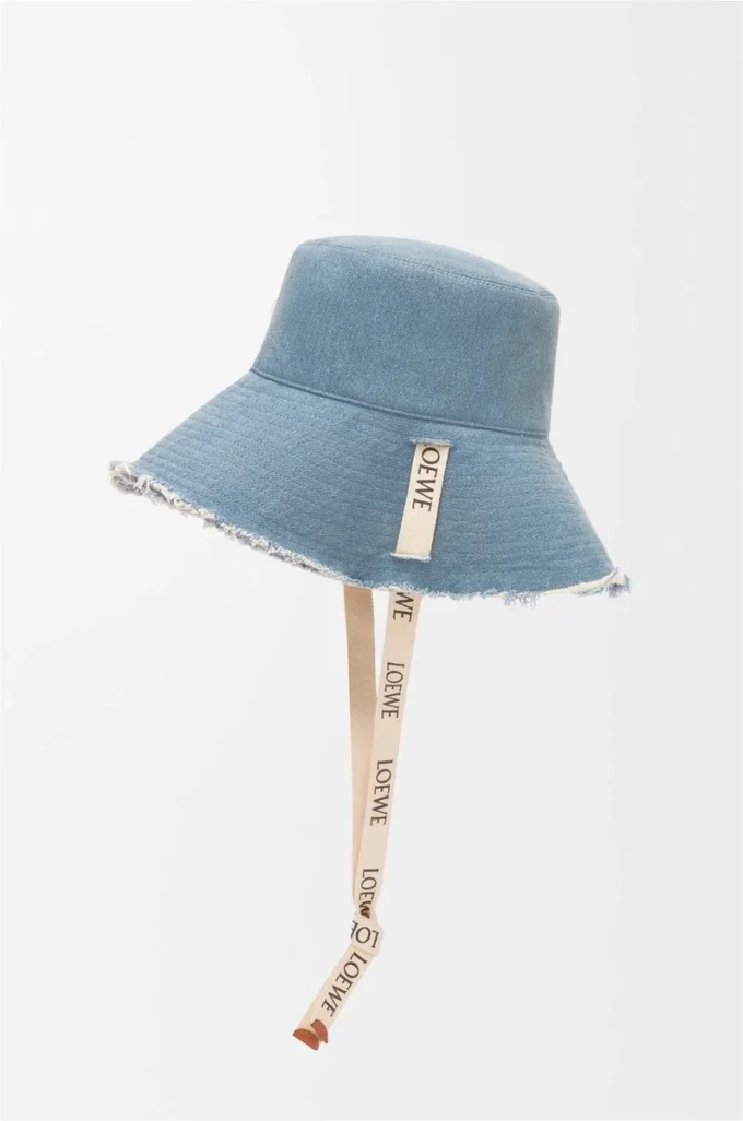 Denim ve dana derisinden yıpranmış balıkçı şapkası Mavi Denim