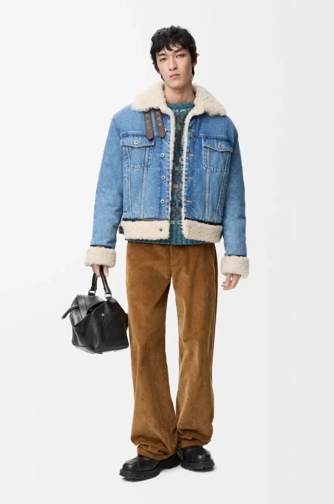 Denim ve shearling kumaştan üretilmiş kamyoncu ceketi Denim Mavisi