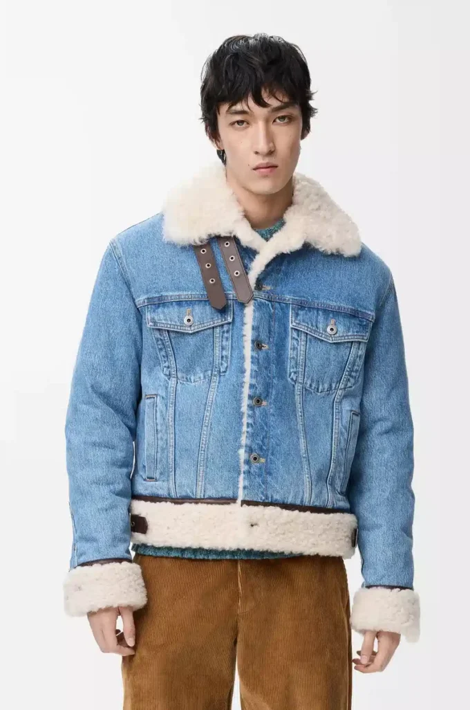 Denim ve shearling kumaştan üretilmiş kamyoncu ceketi Denim Mavisi