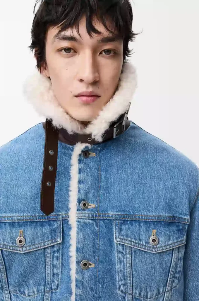 Denim ve shearling kumaştan üretilmiş kamyoncu ceketi Denim Mavisi