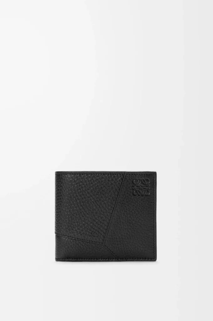 Esnek damarlı dana derisinden üretilmiş Puzzle bifold cüzdan Siyah