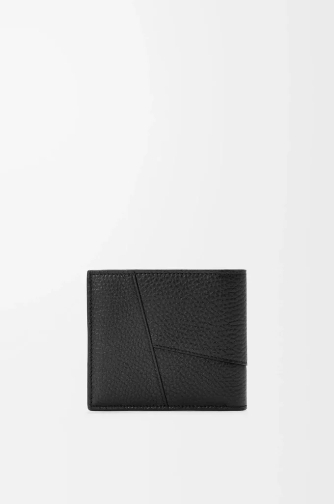 Esnek damarlı dana derisinden üretilmiş Puzzle bifold cüzdan Siyah