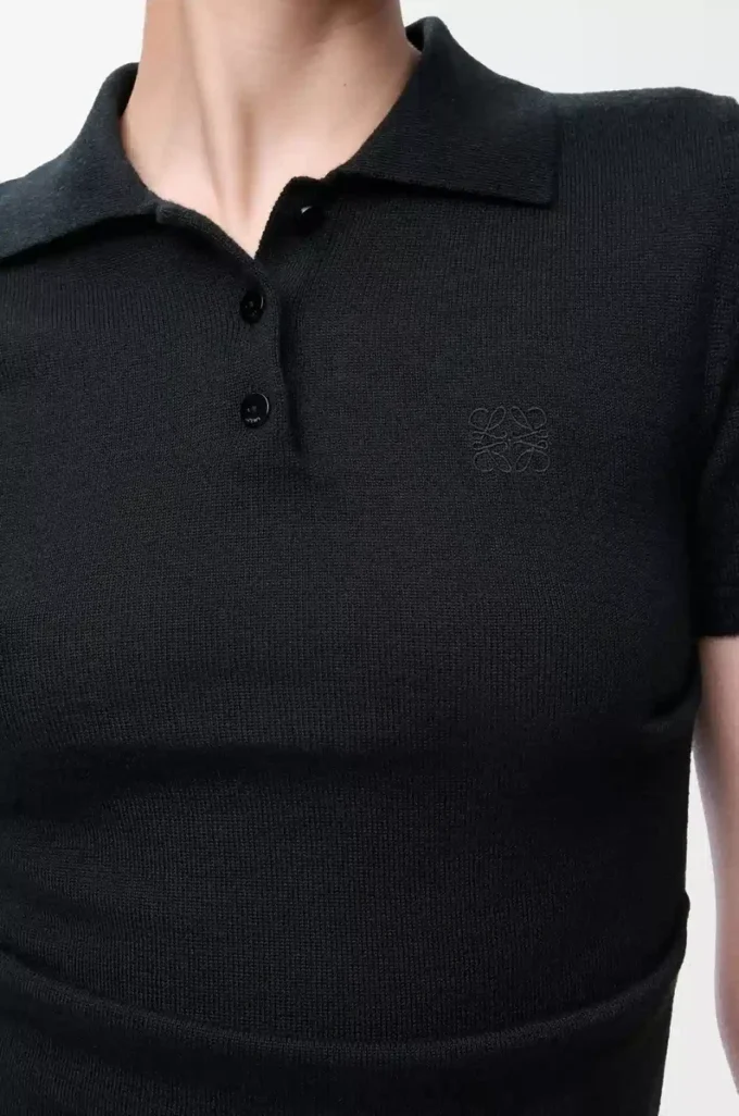 Kaşmir ve ipek kısa kollu polo kazak Siyah