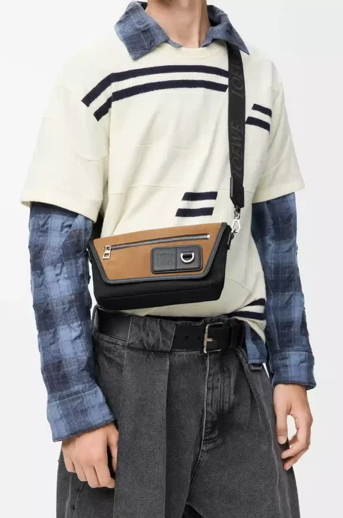 Kanvas ve süetten mini Flex messenger Siyah/Koyu Altın