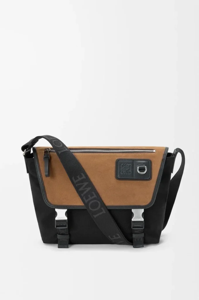 Kanvas ve süetten orta boy Flex messenger çanta Siyah/Koyu Altın