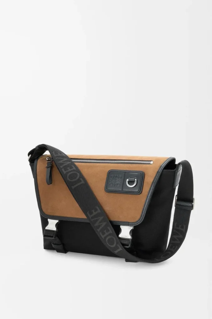 Kanvas ve süetten orta boy Flex messenger çanta Siyah/Koyu Altın