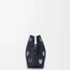Kediler orta boy Flamenco clutch, işlemeli denim Mavi