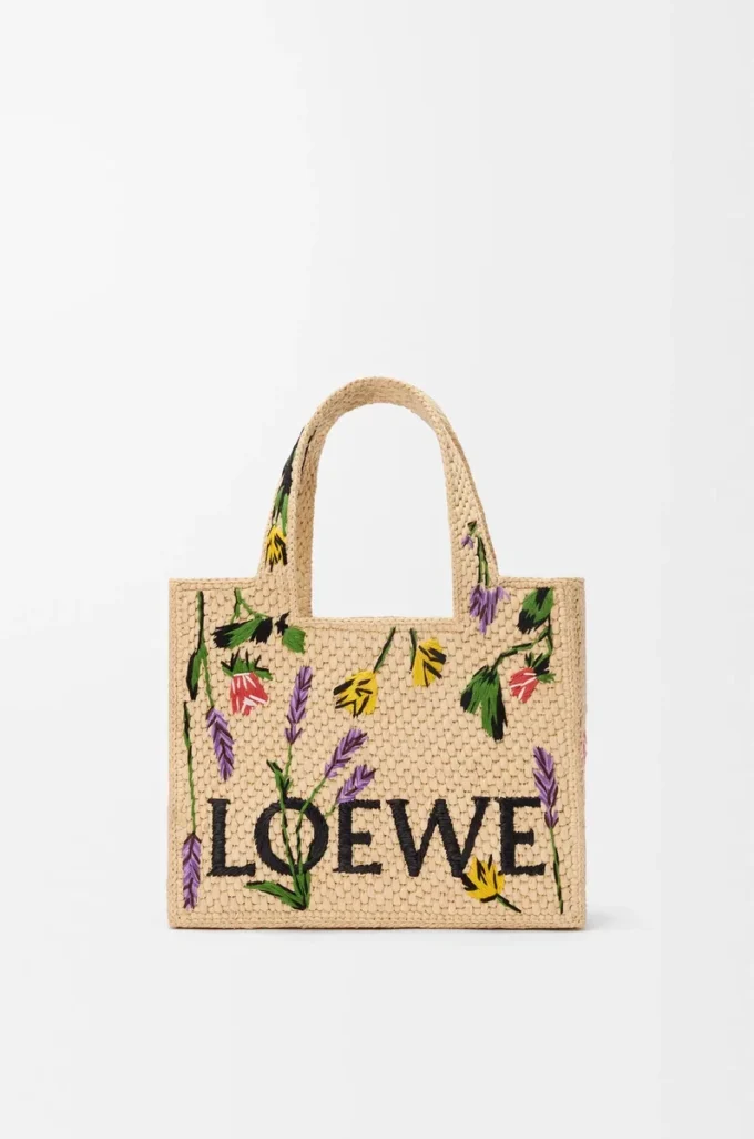 Küçük LOEWE Font rafya çanta Doğal
