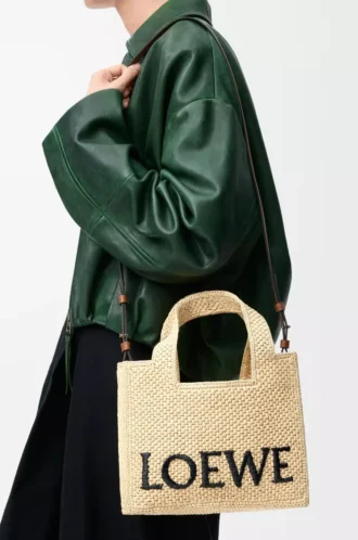 Küçük LOEWE Font rafya çanta Doğal