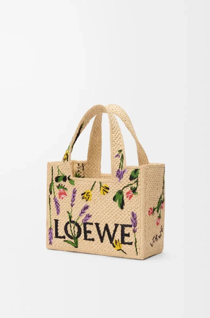 Küçük LOEWE Font rafya çanta Doğal