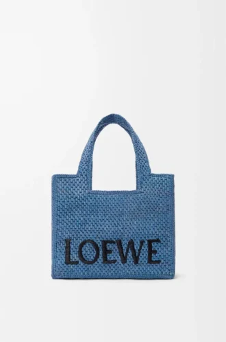 Küçük LOEWE Font tote çanta, rafya, açık mavi