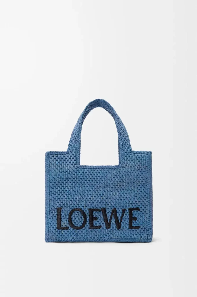 Küçük LOEWE Font tote çanta, rafya, açık mavi