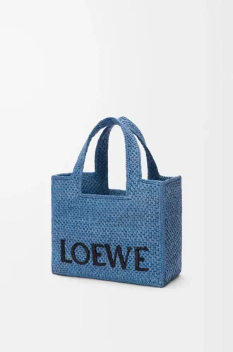 Küçük LOEWE Font tote çanta, rafya, açık mavi
