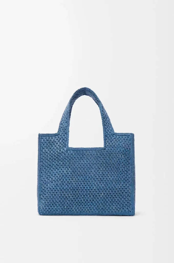 Küçük LOEWE Font tote çanta, rafya, açık mavi