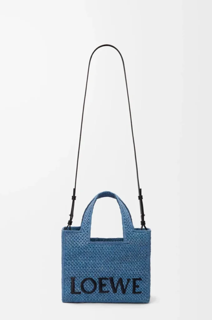 Küçük LOEWE Font tote çanta, rafya, açık mavi