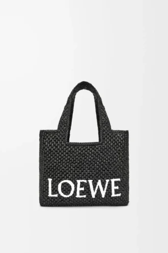 Küçük LOEWE Font tote çanta, rafya, Siyah