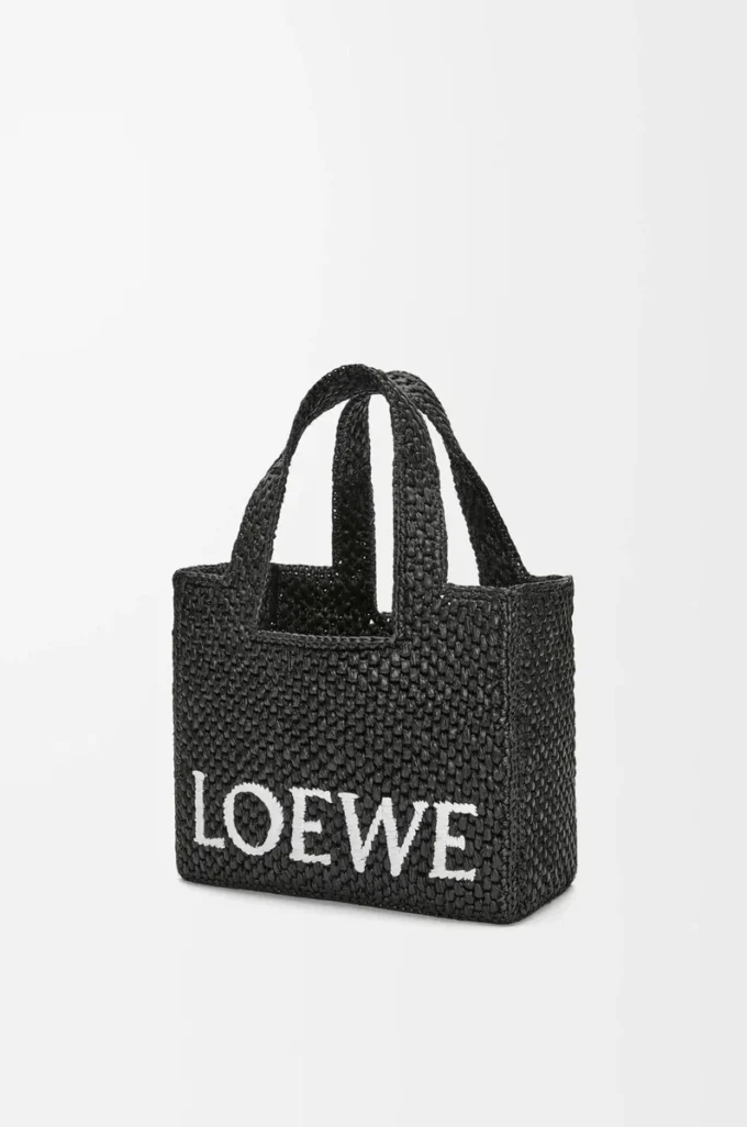 Küçük LOEWE Font tote çanta, rafya, Siyah