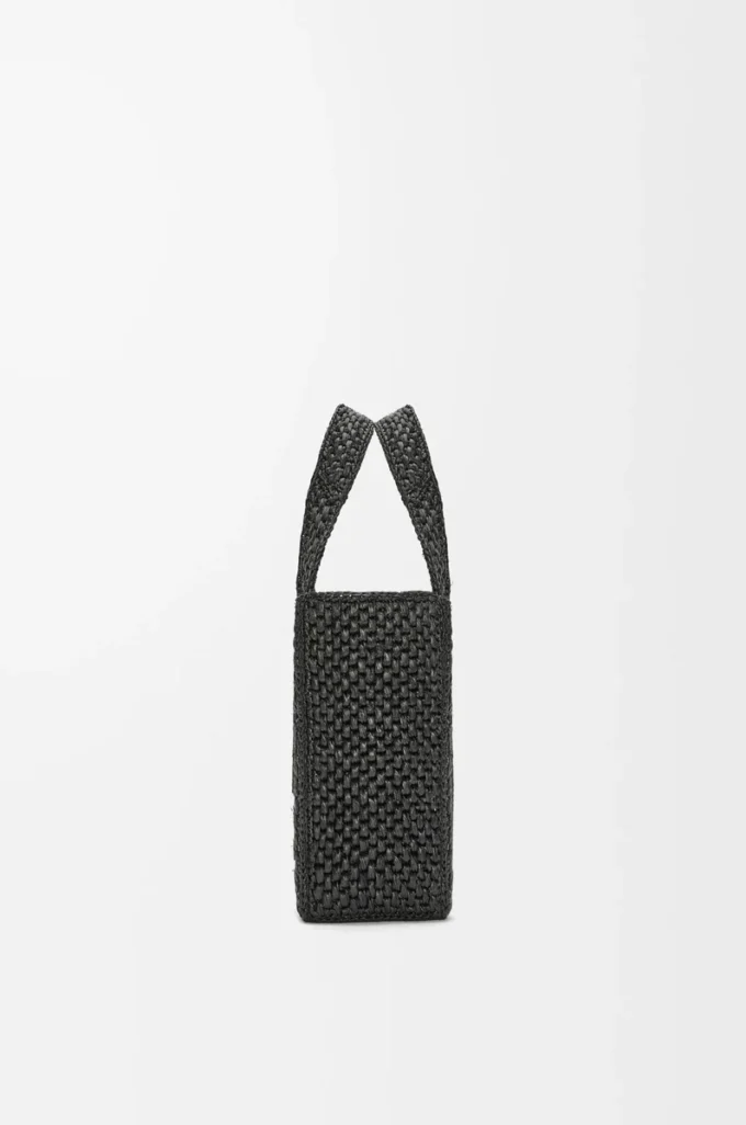 Küçük LOEWE Font tote çanta, rafya, Siyah