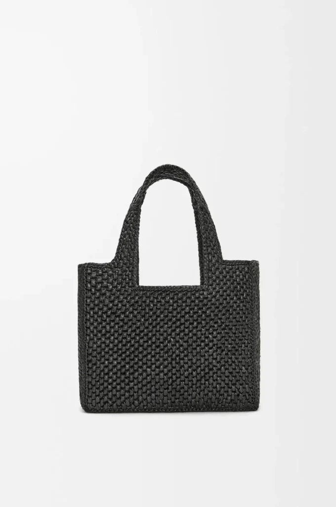 Küçük LOEWE Font tote çanta, rafya, Siyah