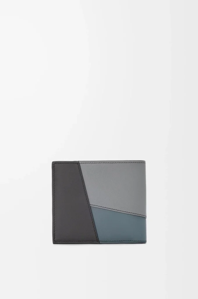 Klasik dana derisinden üretilmiş Puzzle bifold cüzdan Asfalt Grisi/Fırtına Mavisi