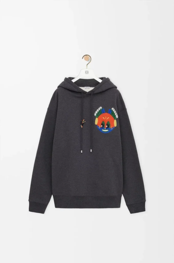 Koyu gri melanj pamuklu kapüşonlu sweatshirt