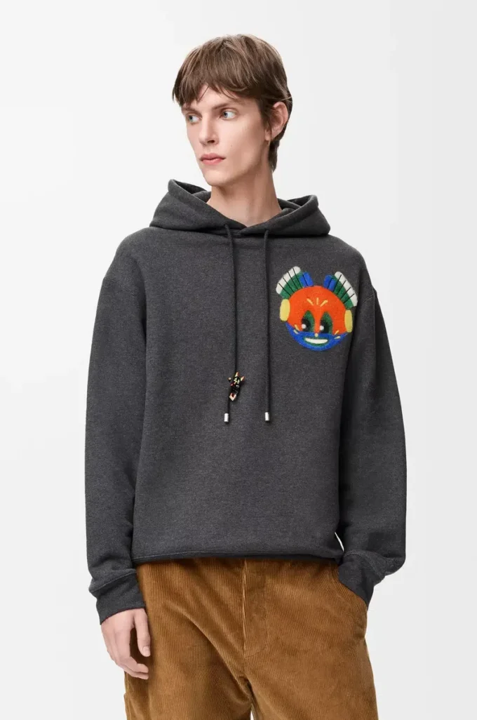Koyu gri melanj pamuklu kapüşonlu sweatshirt