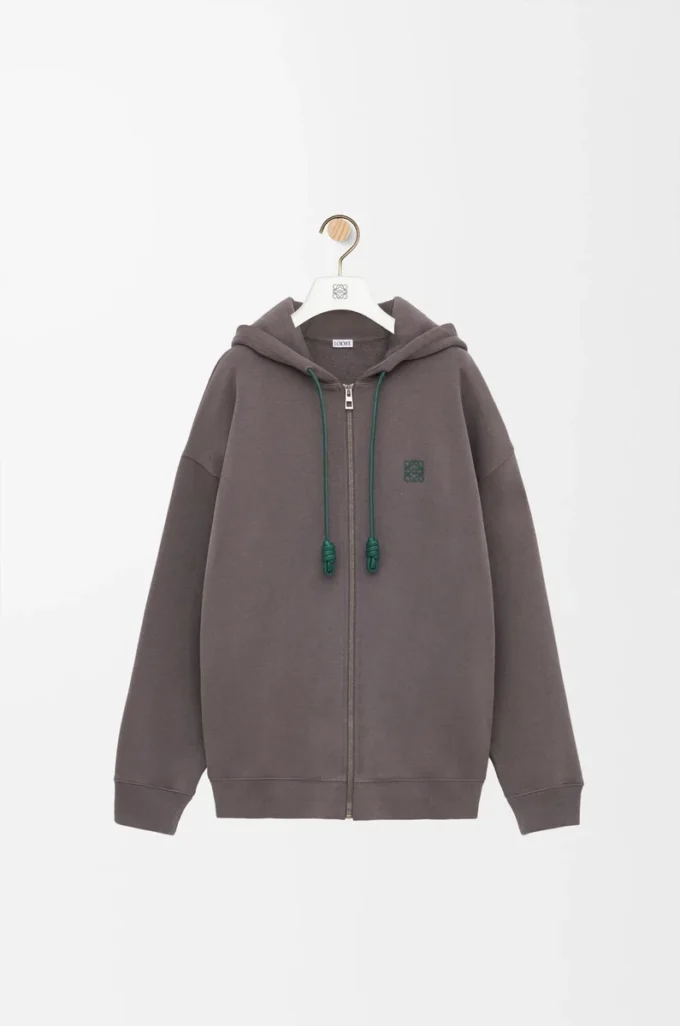 Koyu gri pamuklu fermuarlı kapüşonlu sweatshirt