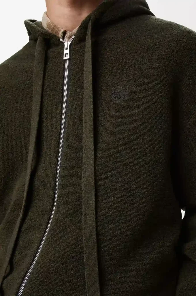 Koyu yeşil yünlü Anagram fermuarlı kapüşonlu sweatshirt