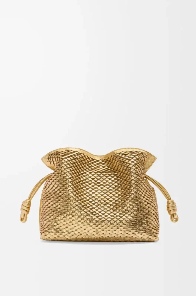 Lamine kuzu derisinden orta boy Flamenco clutch Gold