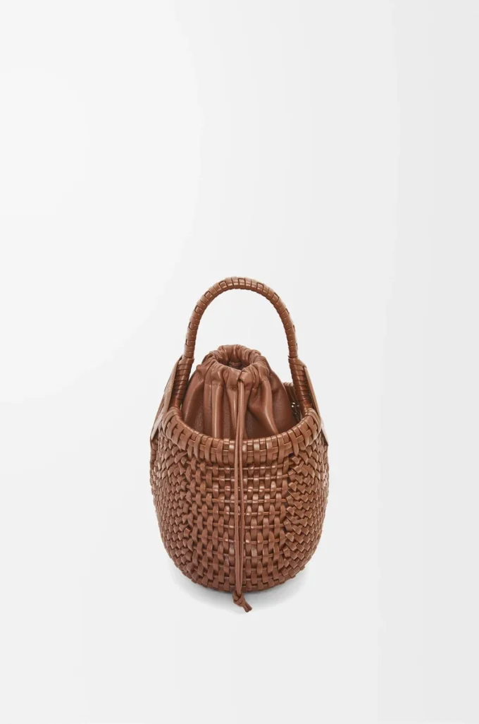 Mini Diamond Round Basket çanta, dana derisi, koyu ten rengi
