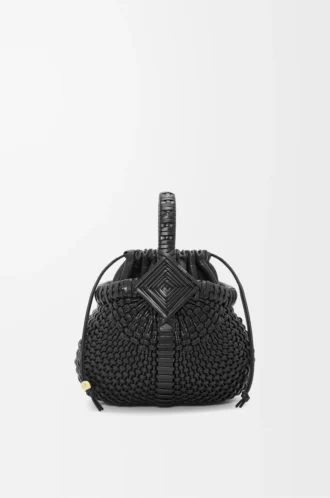 Mini Diamond Round Basket çanta, dana derisi, Siyah