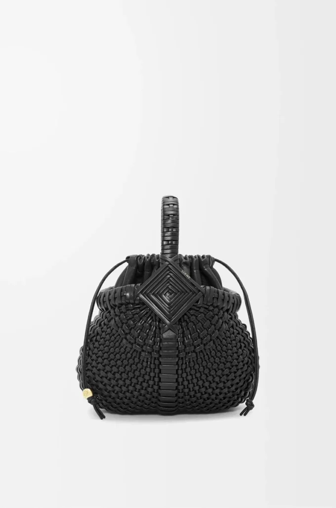 Mini Diamond Round Basket çanta, dana derisi, Siyah