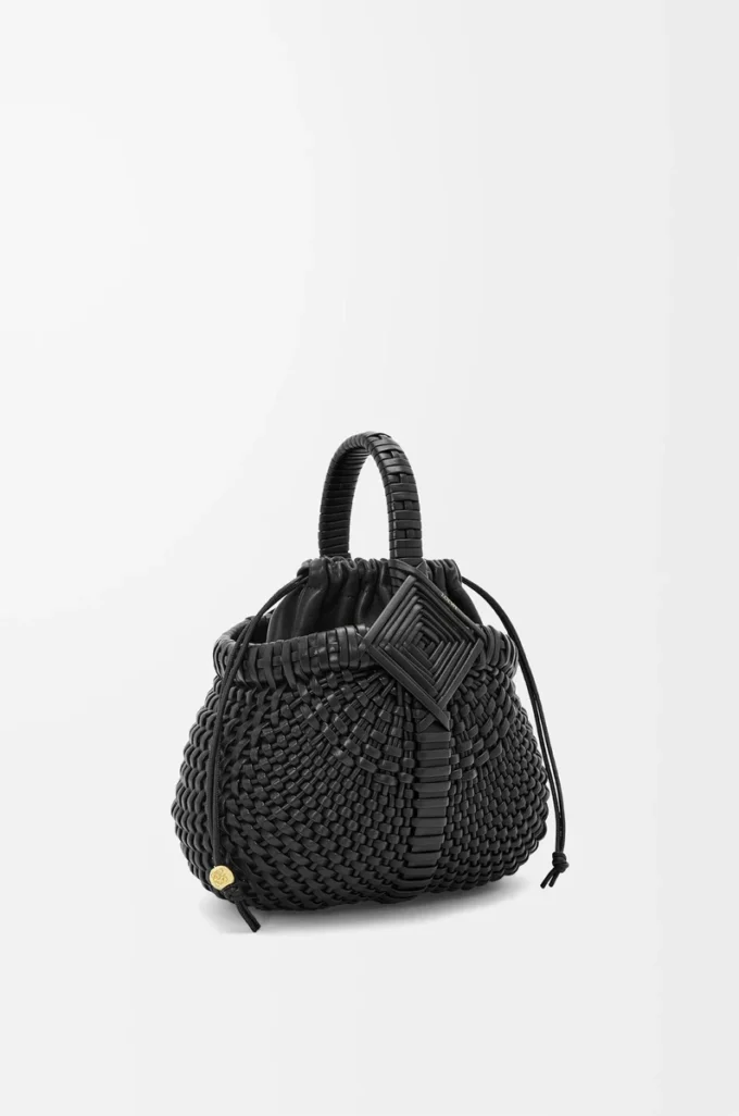 Mini Diamond Round Basket çanta, dana derisi, Siyah