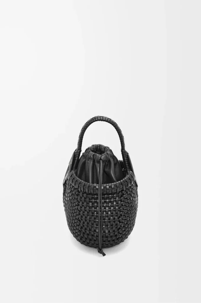 Mini Diamond Round Basket çanta, dana derisi, Siyah
