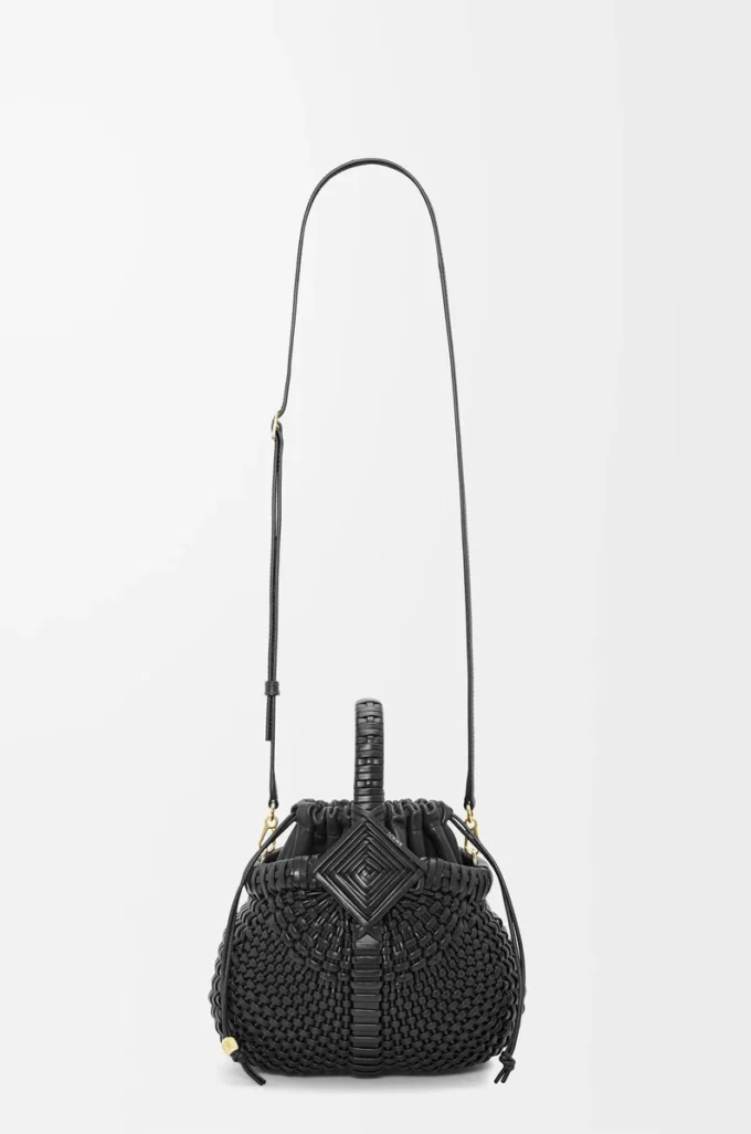 Mini Diamond Round Basket çanta, dana derisi, Siyah