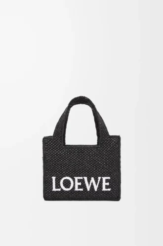 Mini LOEWE Font tote çanta, rafya, Siyah
