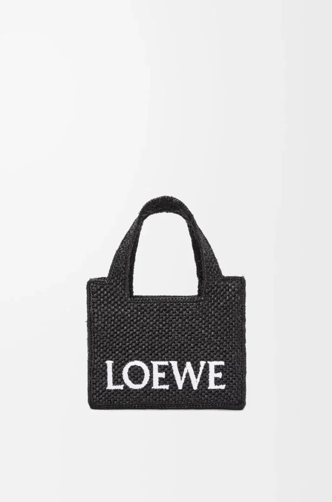 Mini LOEWE Font tote çanta, rafya, Siyah