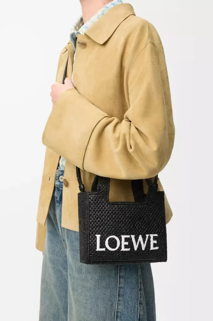Mini LOEWE Font tote çanta, rafya, Siyah